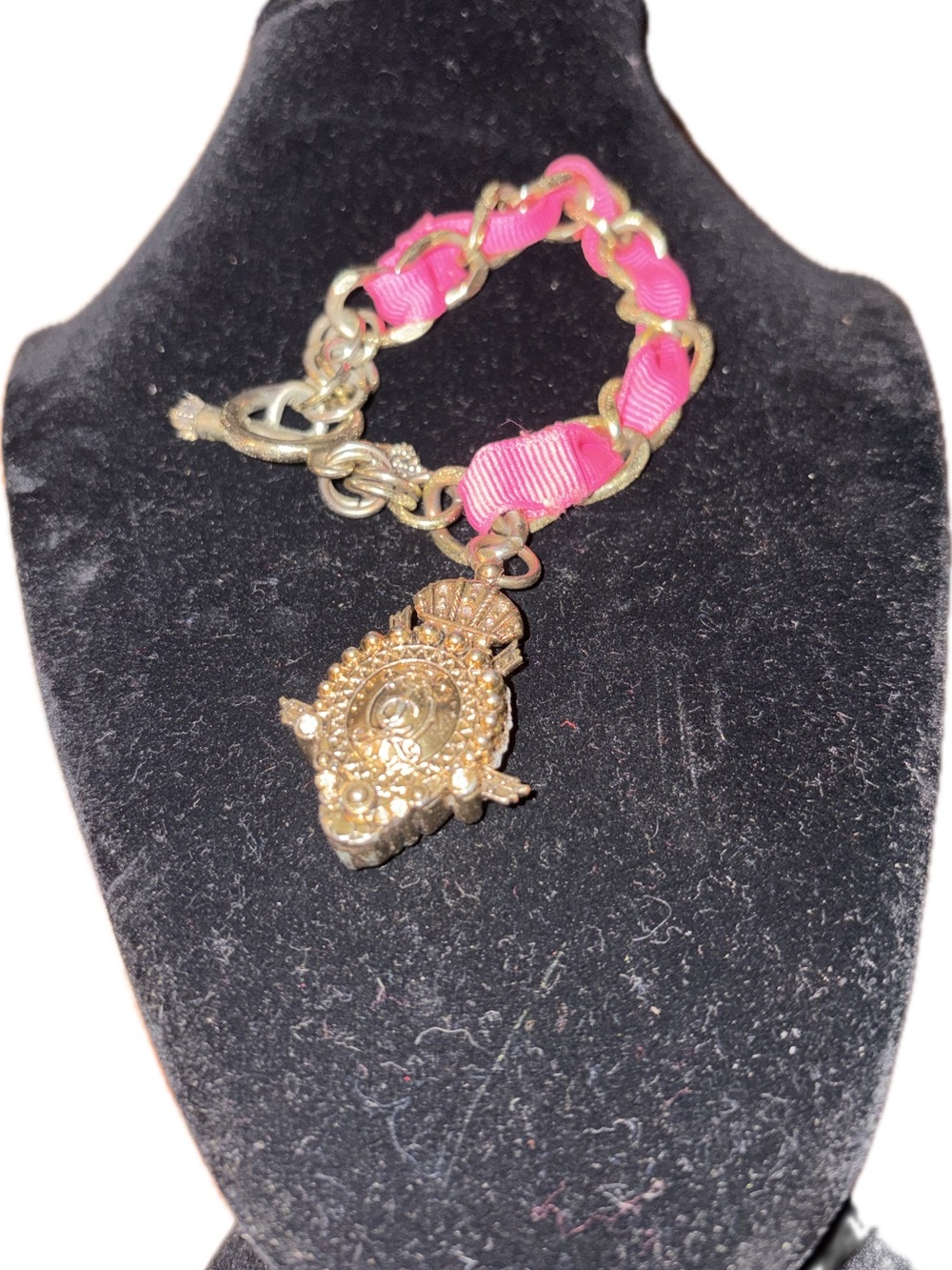 Gold Tone Pink Ribbon Link Bracelet with Decorative Gold Charm